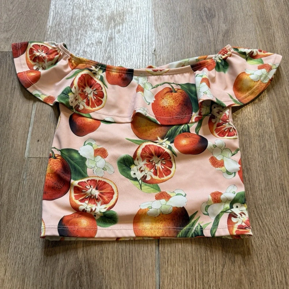 Kortni Jeane pink citrus orange-print off-the-shoulder ruffle swim top 4T